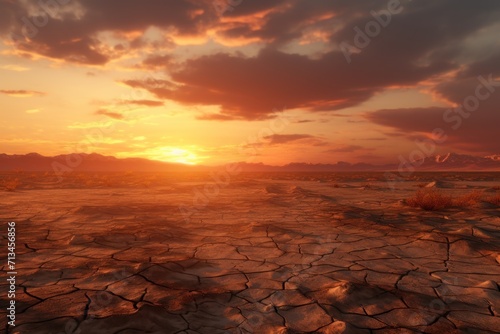 the sun is setting in the distance over a barren area with cracks in the ground and grass in the foreground.