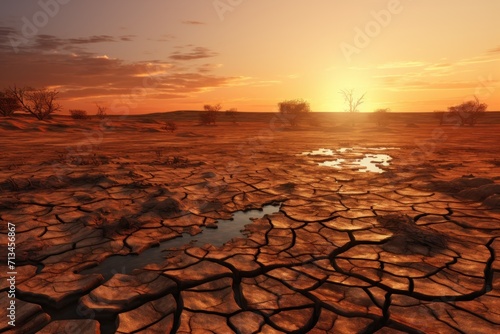  the sun is setting in the distance over a barren area with small puddles of water in the foreground.