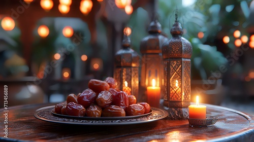 Dates and candles on the table. Ramadan Kareem background.