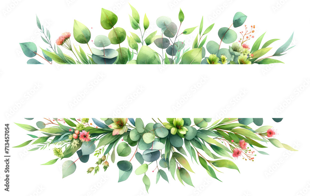 Watercolor of floral banner with eucalyptus leaves on transparent background
