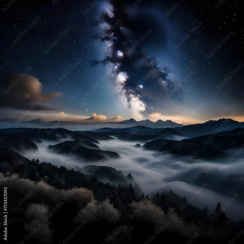 A night sky resembling a canvas painted with stars and cotton-like clouds. - Upscaling by @Badar