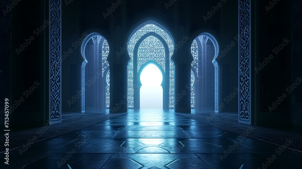 Futuristic Arabic door with light. 3D rendering