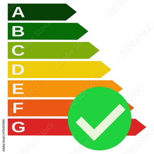Energy efficiency symbol with a green circle with the check symbol indicating good energy performance (flat design,cut out)