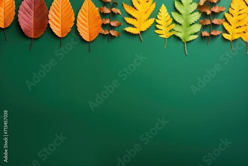  a group of colorful leaves sitting on top of a green surface with space for a text on the left side of the image.