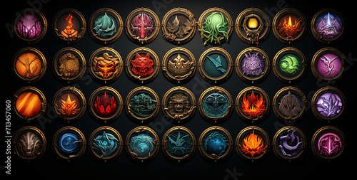 A collection of decorative mystical gaming medallions, each glowing with a unique fire or magical emblem.