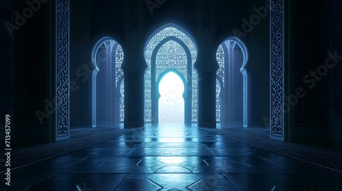 Futuristic Arabic door with light. 3D rendering