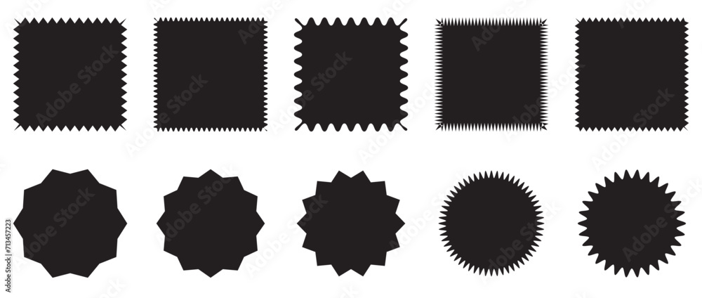 Zig zag edge rectangle and circle shapes collection. Jagged rectangular elements set.Black graphic design elements for decoration,banner, poster,template,sticker,badge.Vector illustration