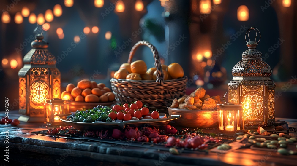 Ramadan Kareem Greeting Card. Ramadan lanterns and fruits. Ramadan Kareem Greeting Card. Ramadan lanterns and fruits.