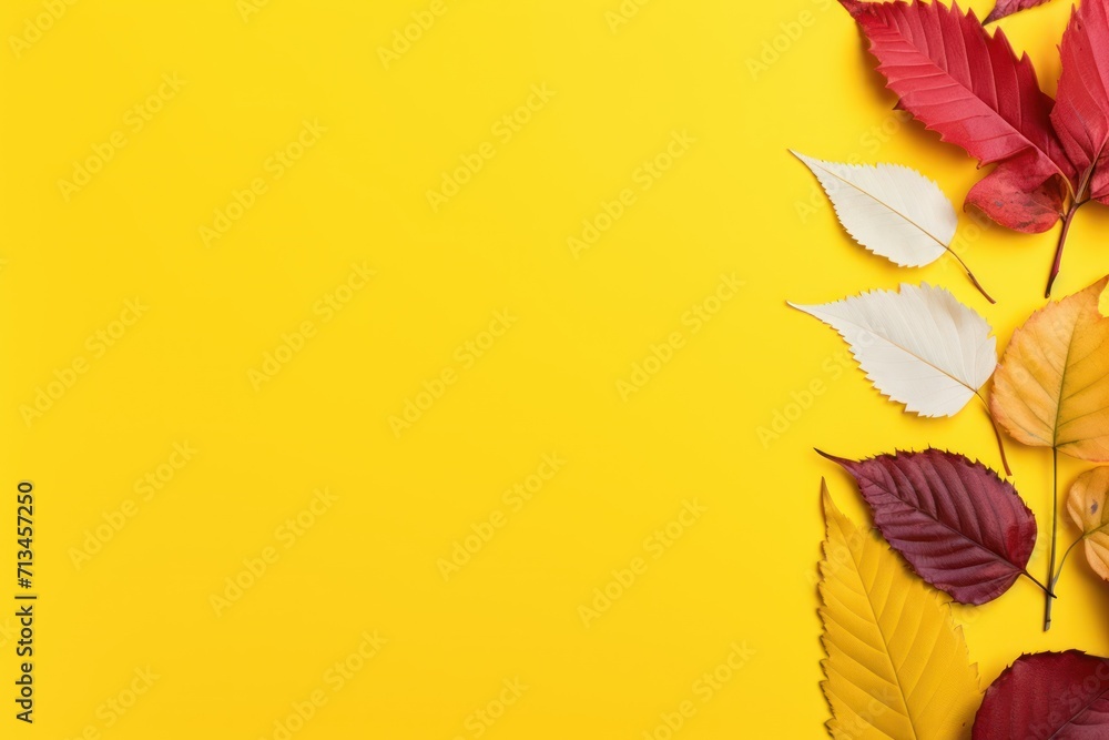 autumn leaves on a yellow background with copy - space in the middle ...