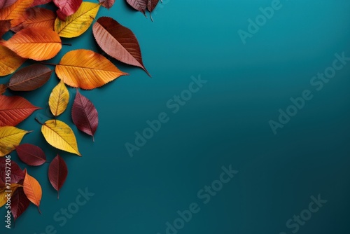  a group of colorful leaves floating on top of a teal blue background with space for a text or image.