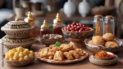 Traditional oriental sweets and cookies on a wooden table in the kitchen