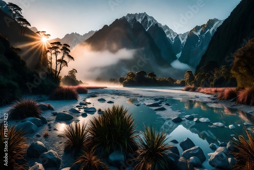 A dreamy atmosphere at Fox Glacier, where the tranquil waters of Lake Matheson reflect the rosy glow of dawn amidst mist-shrouded peaks. © Waqas