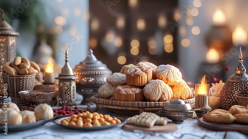 Traditional Moroccan sweets and cookies on the table in the interior