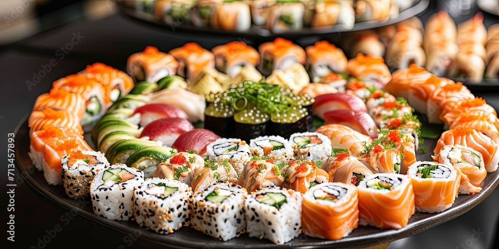 Incredibly delicious set of sushi and rolls, a variety of fish, raw fish, avocado, wasabi, soy sauce, sesame seeds, chopsticks, Japanese food. Incredibly delicious set of sushi and rolls, a variety of fish, raw fish, avocado, wasabi, soy sauce, sesame seeds, chopsticks, Japanese food.
