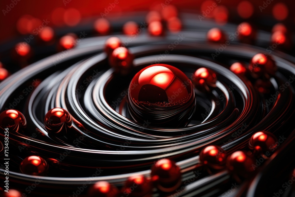 a close up of a red ball surrounded by black and red circles and circles of red balls on a black and red background. a close up of a red ball surrounded by black and red circles and circles of red balls on a black and red background.