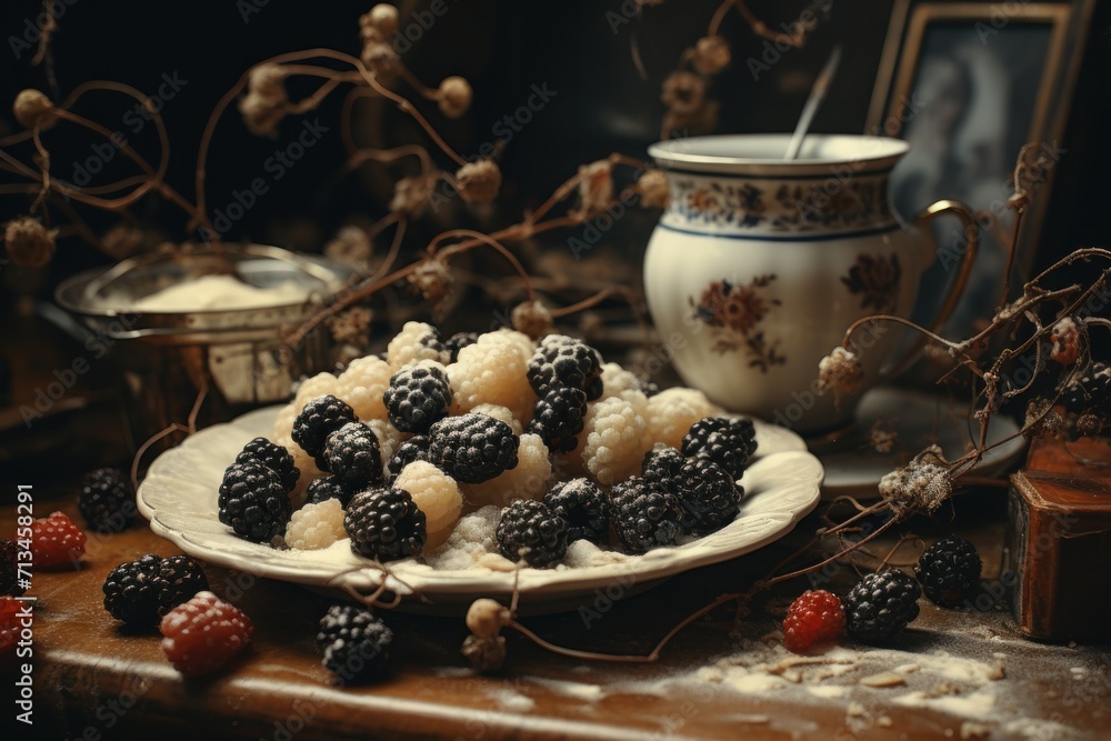 a white plate topped with blackberries and raspberries on top of a wooden table next to a tea pot. a white plate topped with blackberries and raspberries on top of a wooden table next to a tea pot.