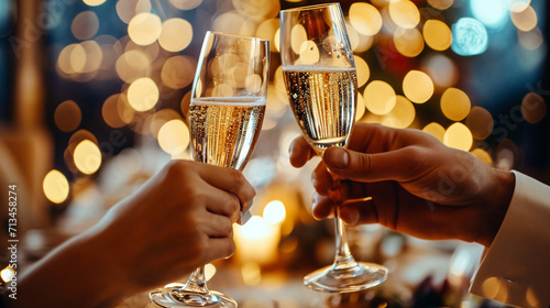 A close-up shot capturing the tender moment of a couple toasting with champagne glasses in an upscale restaurant  with sparkling lights and polished glassware  creating a visually