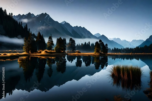 The tranquil waters of Lake Matheson mirroring the dawn sky, surrounded by mist-covered mountains