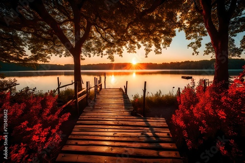 The warm glow of a summer sunset spreading across the sky over a calm lake, an abandoned pier leading to a red mailbox at the end, surrounded by the leafy embrace of trees.