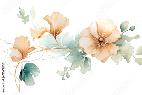  a watercolor painting of flowers and leaves on a white background with a place for the text on the left side of the image.