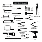 Set of work tools silhouette vector. Icons for web, tag, label, mechanical shop, garage, repair shop, workshop. Symbol for mechanical engineering, carpentry, mechanic, engineer, carpenter, 