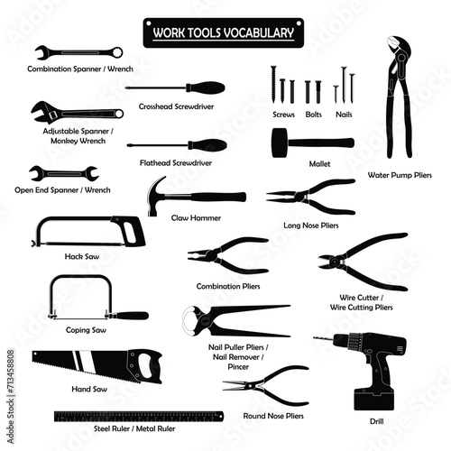 Set of work tools silhouette vector. Icons for web, tag, label, mechanical shop, garage, repair shop, workshop. Symbol for mechanical engineering, carpentry, mechanic, engineer, carpenter,  photo