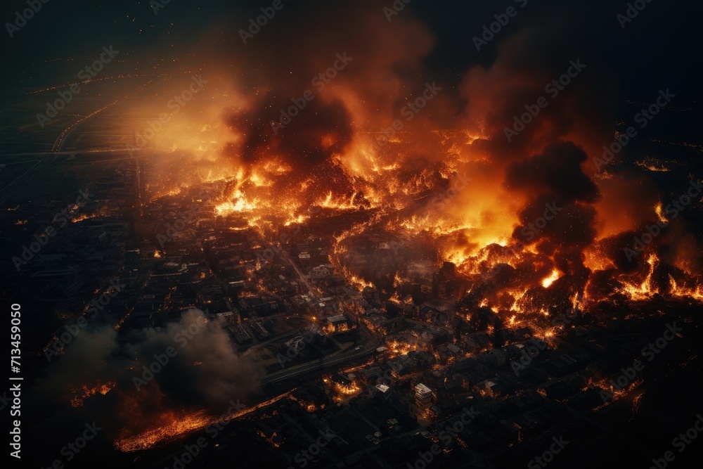 War and destroyed city with burning fire and smoke from earthquake, bomb explosion. Modern abandoned city devastated by explosion and chaos. Apocalypse concept. Doomsday, end of the world