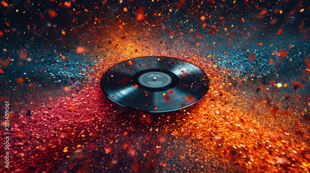 un disque vinyle posé sur une toile de fond vibrante qui éclate de particules colorées, donnant l'impression d'une explosion de couleurs ou d'une rafale dynamique de confettis