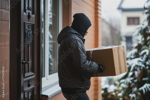 "Porch Pirate" Man with hoodie stealing a package at the doorstep - AI Generated