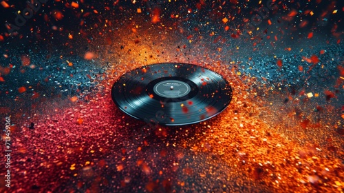 un disque vinyle posé sur une toile de fond vibrante qui éclate de particules colorées, donnant l'impression d'une explosion de couleurs ou d'une rafale dynamique de confettis