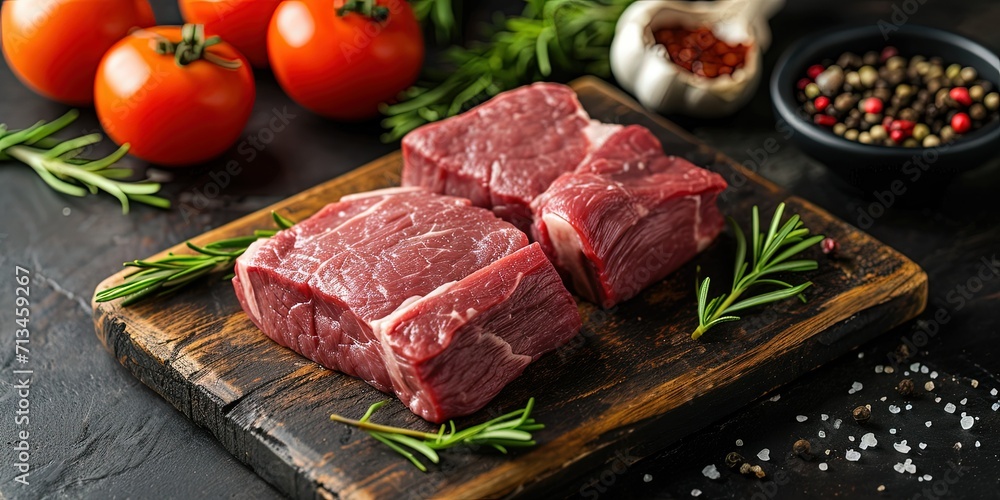 Selected juicy meat ready for cooking steak, fillet, slicing, meat with herbs, rosemary, spices, meat restaurant, background, wallpaper.