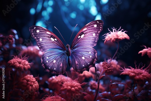  a purple butterfly with white spots on its wings is sitting on a pink flower in the middle of a field of red flowers.