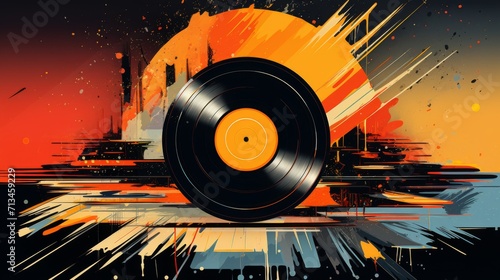 un disque vinyle au milieu d'une explosion abstraite de couleurs et de formes. Le disque semble presque en mouvement, avec des teintes vibrantes d'orange, de jaune, de rouge et de bleu qui jaillissent
