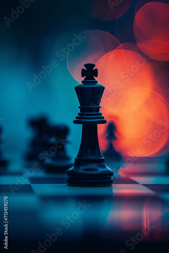 Chess pieces in focus, vibrant lights in the background.