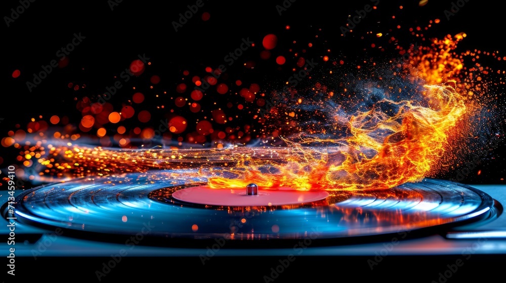 un disque de vinyle placé au centre, d'où jaillissent des particules ...