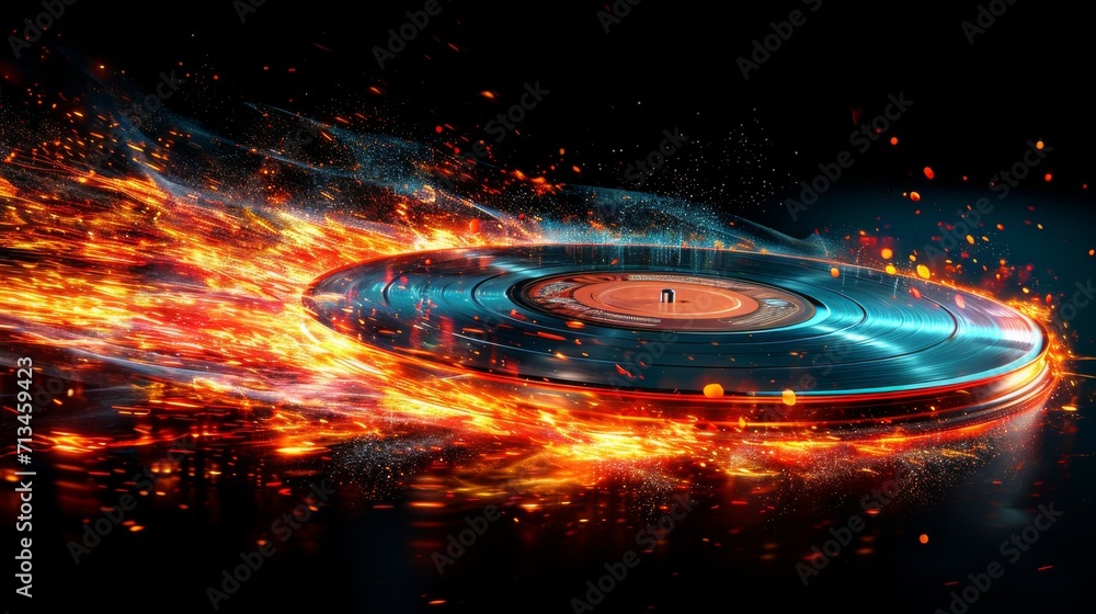 un disque de vinyle placé au centre, d'où jaillissent des particules ...