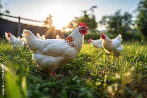  a group of white chickens standing on top of a lush green grass covered field with the sun shining behind them.