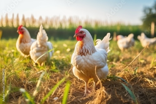  a group of white chickens standing on top of a grass covered field next to a field of tall green grass.