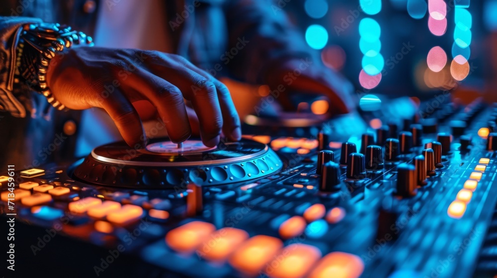gros plan de la main d'un DJ ajustant une commande sur une table de mixage ou une table tournante. L'environnement semble être une boîte de nuit ou un lieu de fête - obrazy, fototapety, plakaty 
