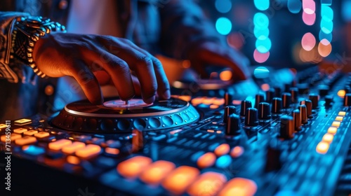 gros plan de la main d'un DJ ajustant une commande sur une table de mixage ou une table tournante. L'environnement semble être une boîte de nuit ou un lieu de fête photo