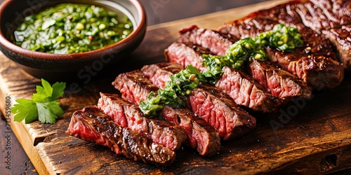 Incredibly delicious sliced juicy medium roast steak with chimichurri sauce, grilled meat, background, template, wallpaper. photo