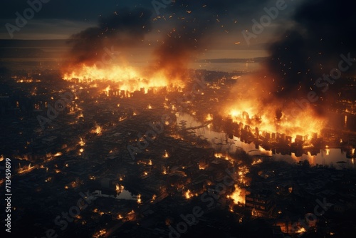 War and destroyed city with burning fire and smoke from earthquake, bomb explosion. Modern abandoned city devastated by explosion and chaos. Apocalypse concept. Doomsday, end of the world
