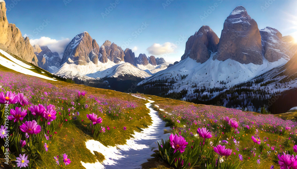 Krajobraz, skaliste góry i wiosenna łąka z białymi i różowymi kwiatami  - obrazy, fototapety, plakaty 