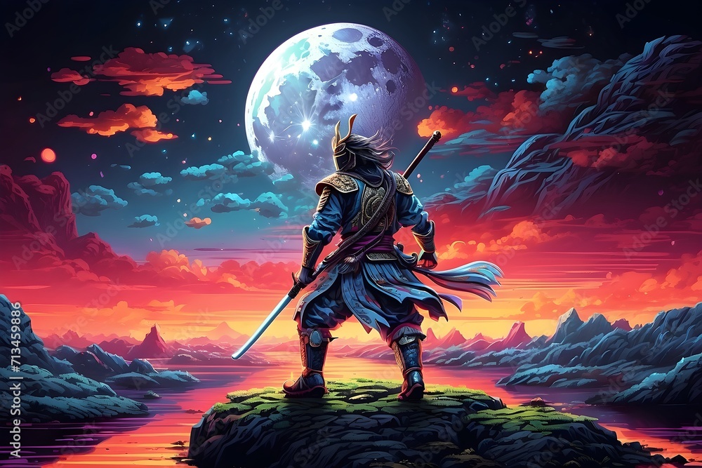 anime warrior in the background of mountains and moon