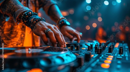 gros plan de la main d'un DJ ajustant une commande sur une table de mixage ou une table tournante. L'environnement semble être une boîte de nuit ou un lieu de fête © jp