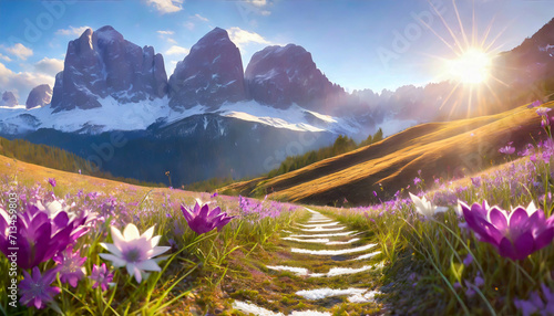 Krajobraz, skaliste góry i wiosenna łąka z białymi i różowymi kwiatami 
