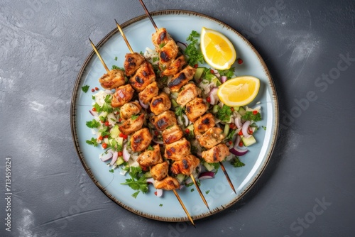  a plate of chicken skewers with a side of salad and lemon wedges on a gray table top.
