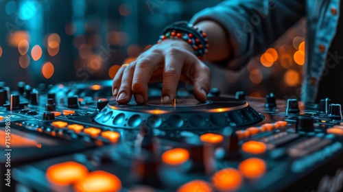 gros plan de la main d'un DJ ajustant une commande sur une table de mixage ou une table tournante. L'environnement semble être une boîte de nuit ou un lieu de fête