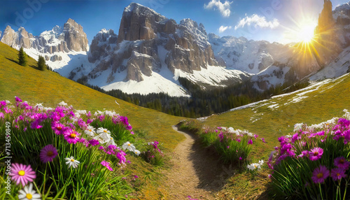Krajobraz, skaliste góry i wiosenna łąka z białymi i różowymi kwiatami  photo
