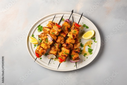  a white plate topped with chicken skewers covered in sauce and garnished with onions and lemon wedges.